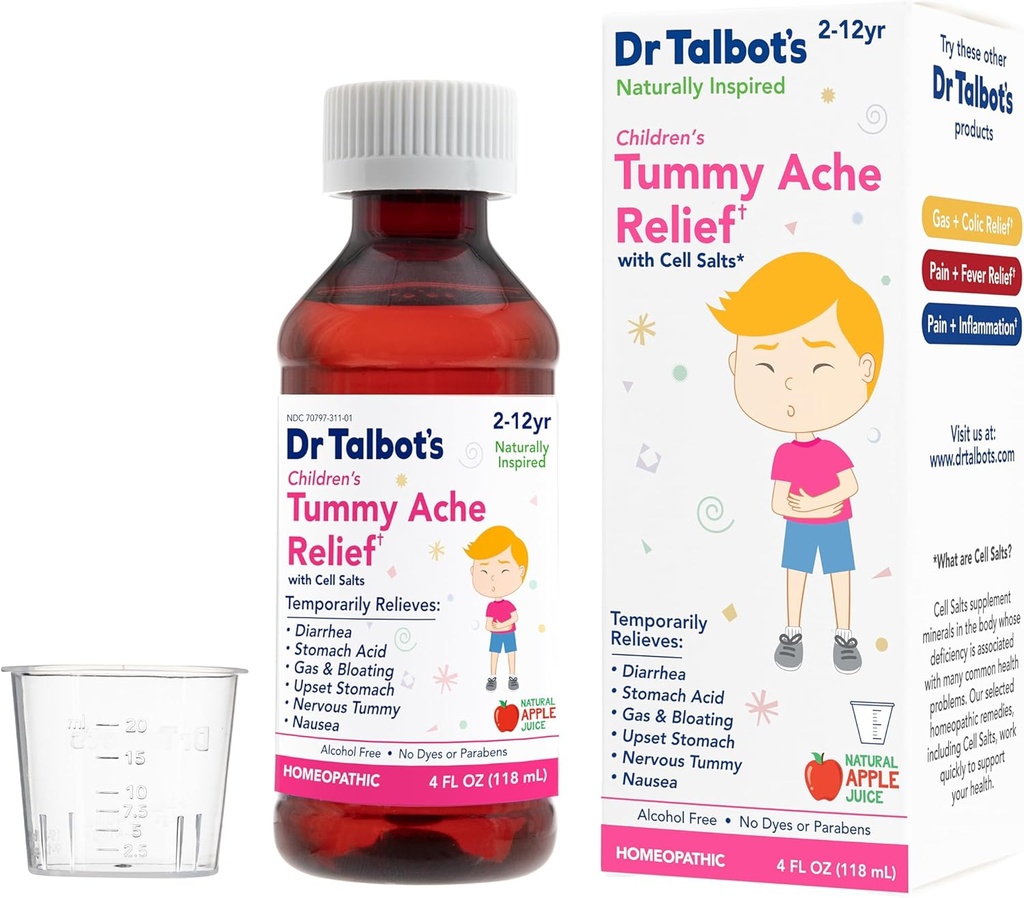 Dr. Talbot's Children's Tummy Ache Relief Medicine - 4 oz - Include Dosage Cup - per 2-12 anni Old - Natural Apple Flavor (Packaging Varies)