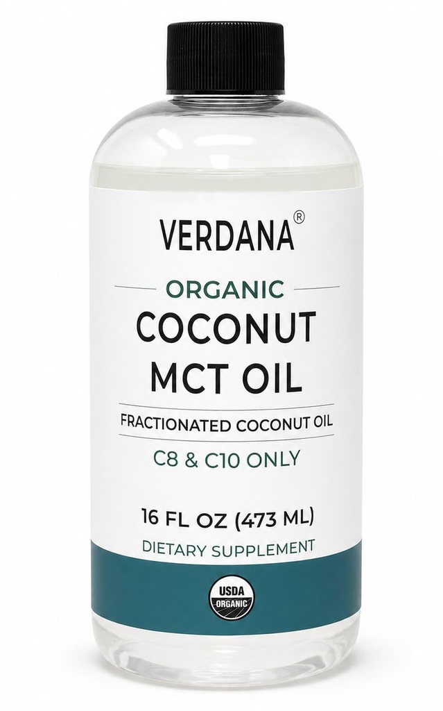 Verdana Organic MCT olio 16 oz – Grado alimentare USDA Organico per il caffè Keto, Olio naturale non aromatizzato Pulling Mouthwash & Massage - Coconut Derito, Fractionated– Medium Chain C8 C10 – Non OGM, Kosher