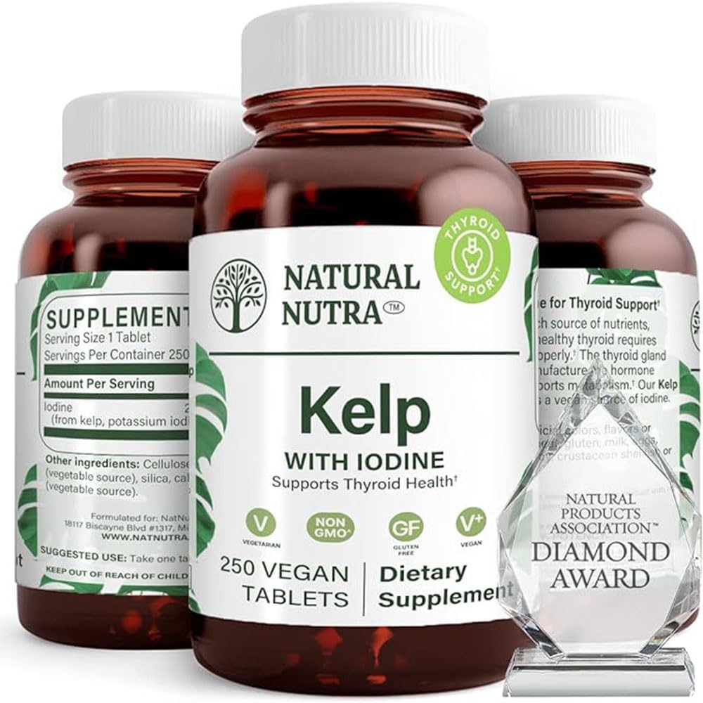 Integratore naturale di supporto della tiroide di Nutra Kelp Iodine, rafforza il sistema immunitario, e regola il metabolismo, la kelp del mare vegano, non OGM, l'estratto di alghe marine a fonte atlantica, 225 mcg, 250 compresse (pacchetto di 2)