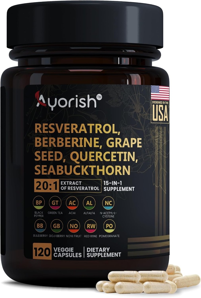 Integratore di resveratrolo | Estratto di semi di berbino Quercetin Estratto di tè verde Acai Noni Polyphenol Supplemento per le donne & uomini, N-Acetyl Cysteine NAD Booster 120 Conte