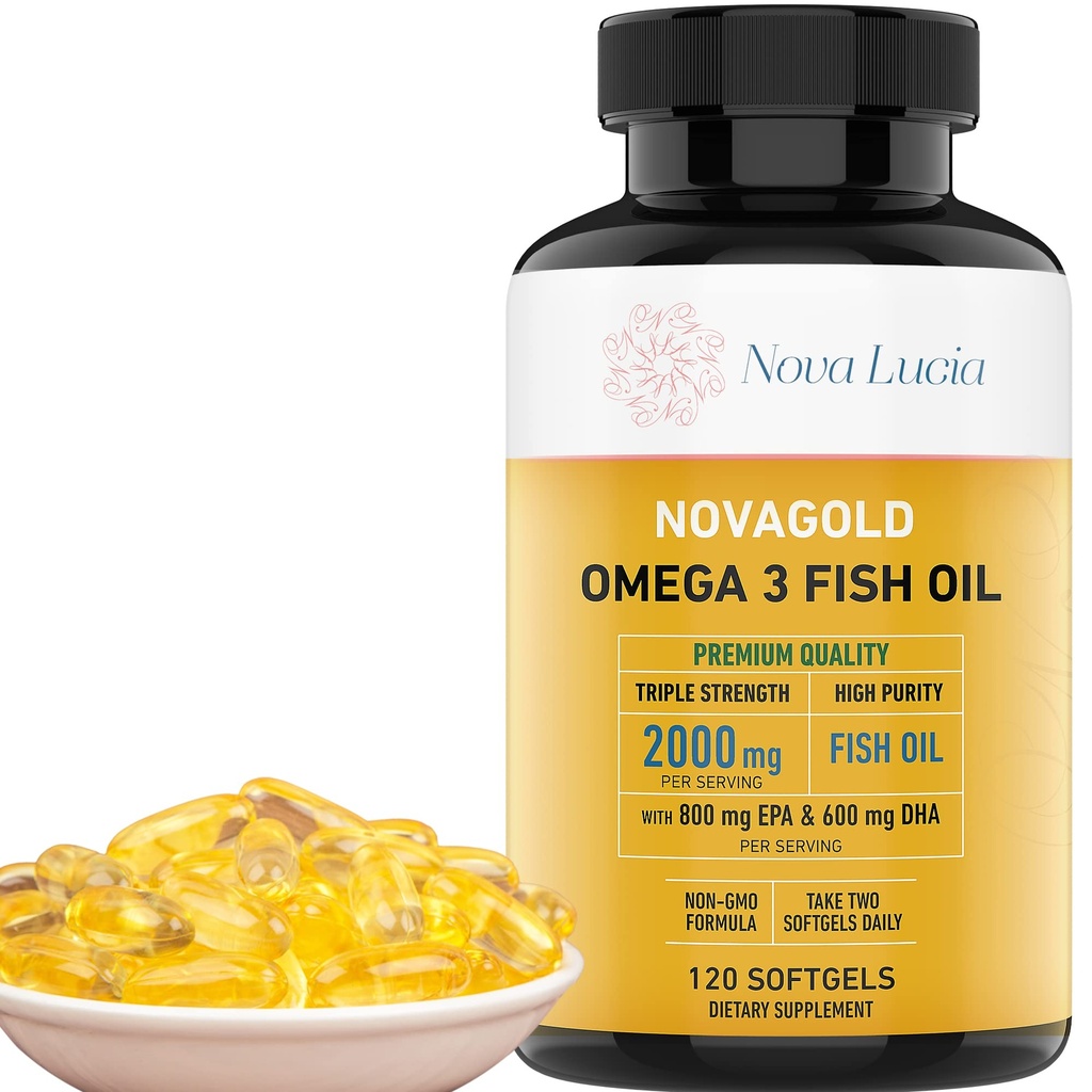 NovaGold Omega 3 Fish Oil – 2000mg EPA DHA Supplemento – Burpless, Facile da ingoiare Softgels – Supporta Cuore, Cervello, Giunti, Immune & Skin – Non-GMO – 120 capsule liquide