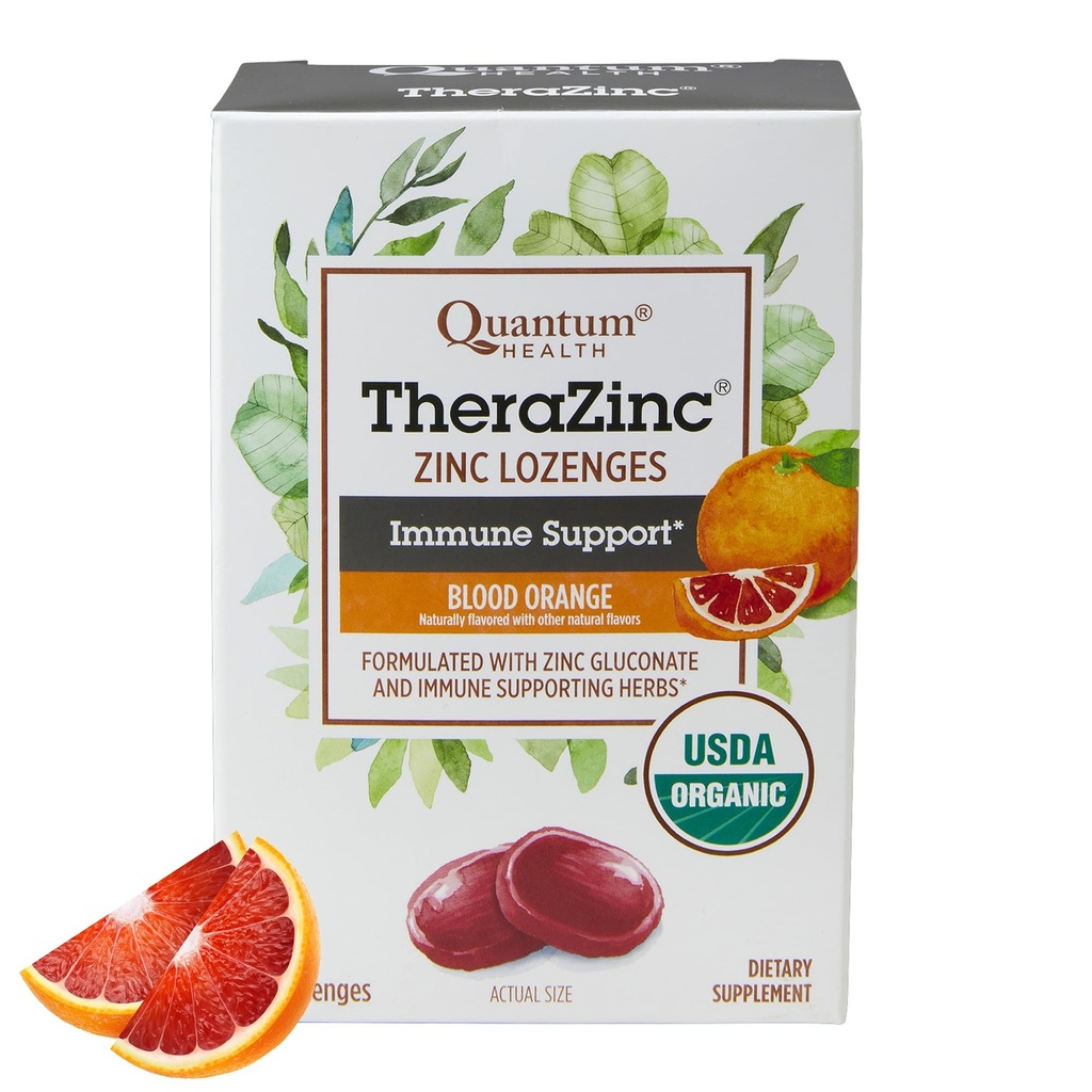 Quantum Health TheraZinc Organic Zinc Lozenges Echinacea & Honey Immune Support for Adults & Kids 12+ Rilievo rapido dell'arancia del sangue naturalmente aromatizzato con nessun retrogusto - 25 conte