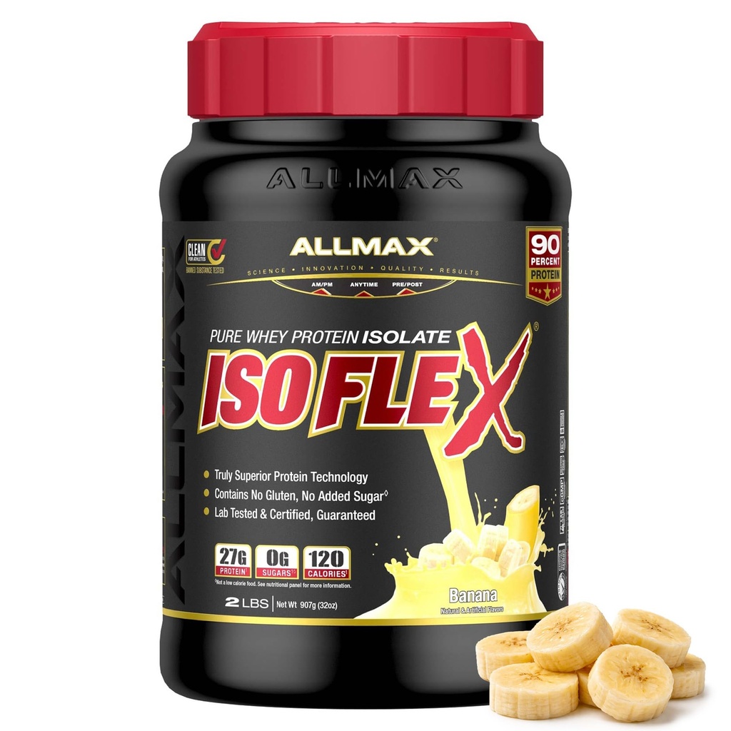 ALLMAX Nutrition ISOFLEX Whey Protein Isolate, Banana - 2 lb - 27 Grammi di Proteine Per Scoop - Zero Fat & Sugar - 99% Lactose Free - Gluten Free & Soy Free - Circa 30 Serve
