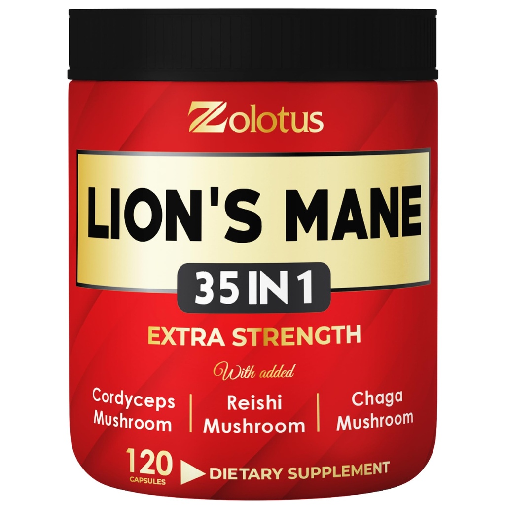 Zolotus 35 in 1 Lions Mane Mushroom Capsule Cordeyceps, Reishi, Elderberry, Ashwagandha, Panax Ginseng - 120 Count