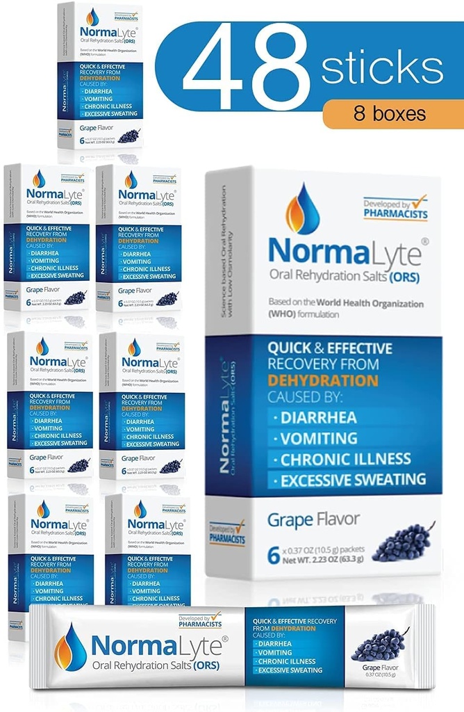 NormaLyte Oral Rehydration Salts-48 Sticks Packs (Yields 500mL per Pack)-Grapes| Integratori di energia, Supplemento di potassio, Recupero di disidratazione e assorbimento rapido