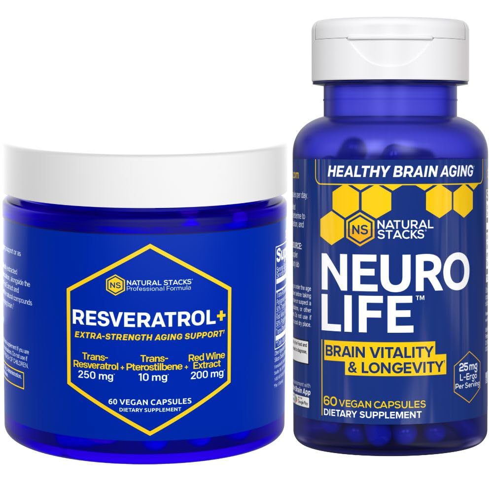 NATURAL STACKS NeuroLife & Resveratrol Supplement Bundle - Supporta Longevità & Brain Aging* - 120 Capsule Totali