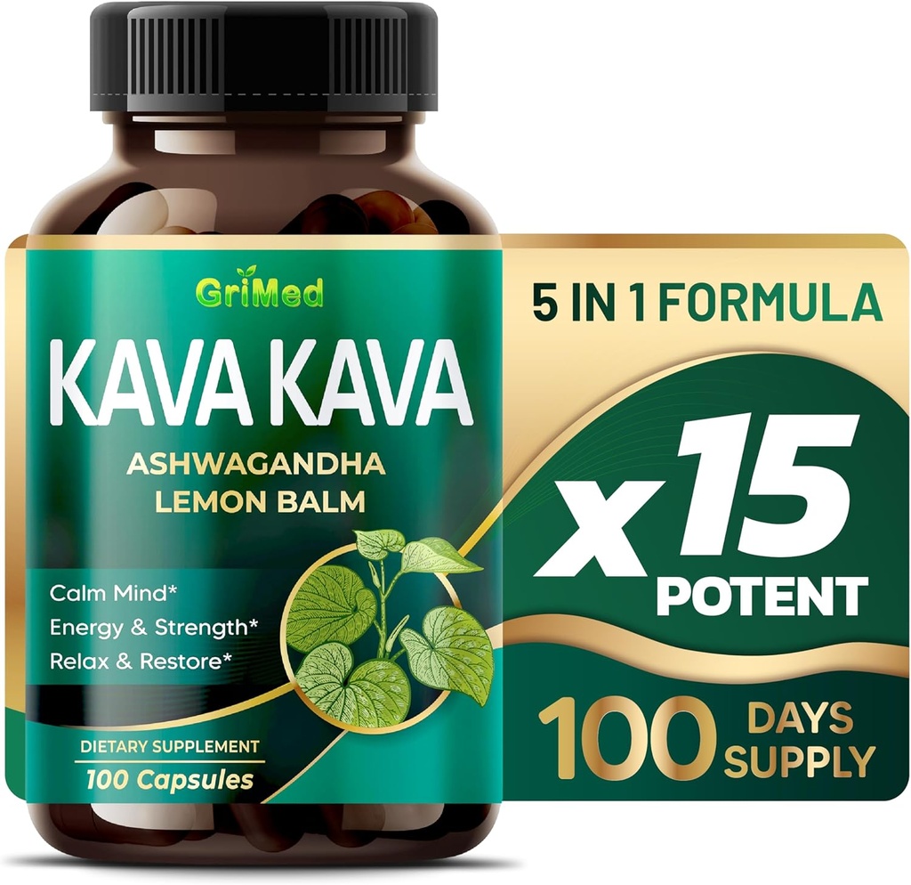 GriMed Kava Kava 19,700mg - X 15 Power con Ashwagandha Lemon Balm - Forza, Relax, Ripristino, Calma - Made in USA (100 Count (Pack of 1))