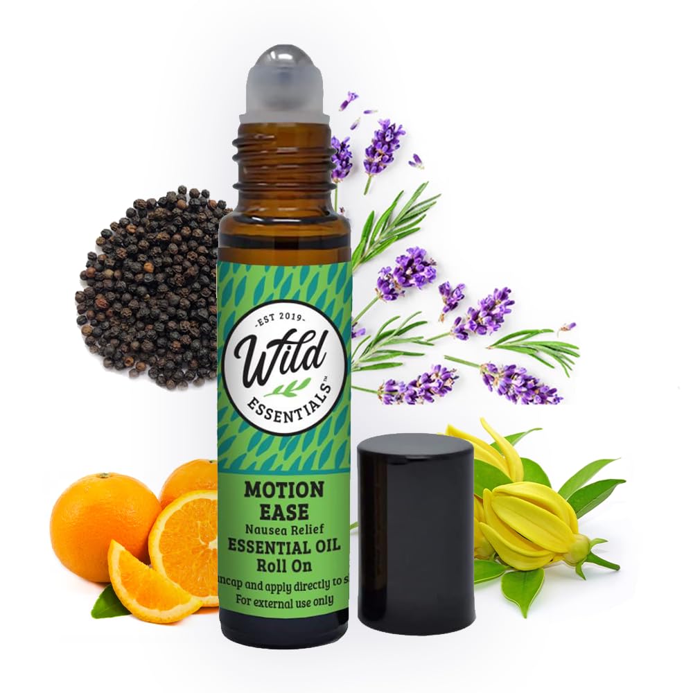 Wild Essentials Motion Ease Olio essenziale Roll On, 10ml Motion Sickness, Nausea, Upset Stomach, Vertigo, Dizzy, Seasick, Carsick, Realizzato con olio di Jojoba Organico, Pronta all'uso, Moisturizer, Tutto Naturale