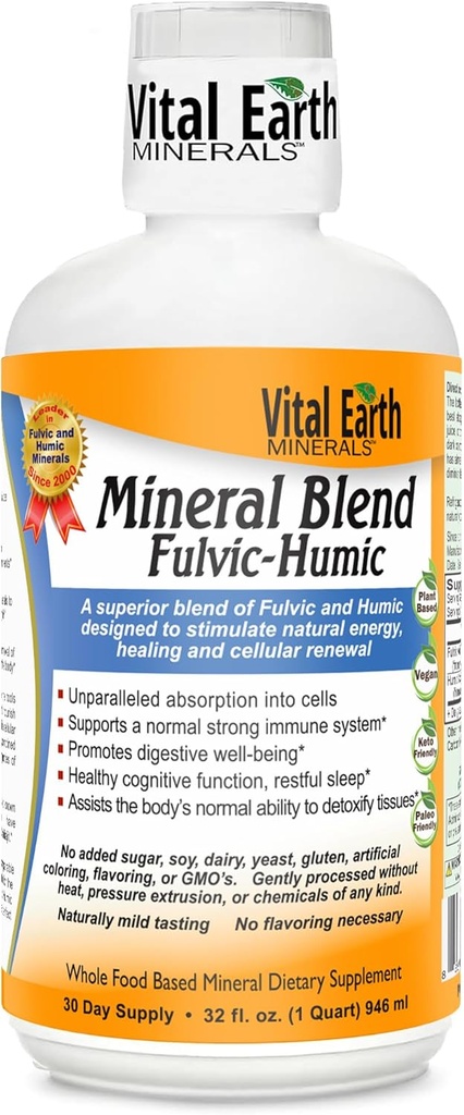 Vital Earth Minerals Fulvic Humic Mineral Blend Liquid - Supplemento acido Fulvic con 70+ minerali Trace, elettroliti per il recupero, equilibrio & energia, 32 Oz + 1 Oz Cup