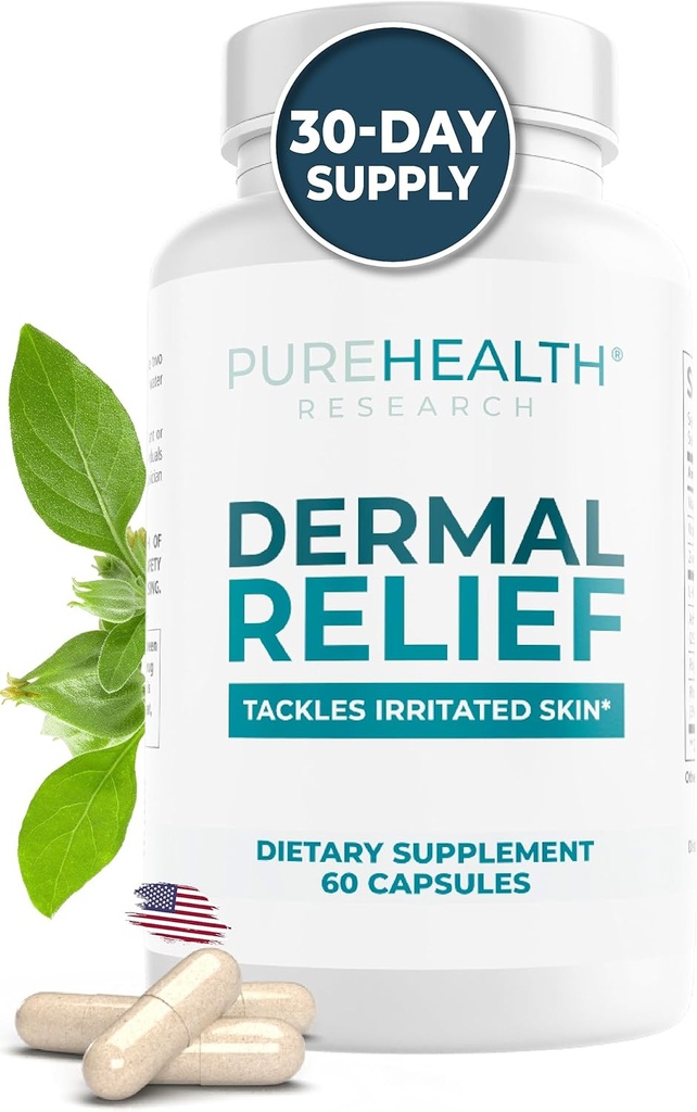 PUREHEALTH RESEARCH Dermal Relief Integratori - per pelle irritata, Eczema e Dermatite con L-Histidine, Ashwagandha Root Extract, Rhodiola Crenulata, Vitamina D ed E - 1 Bottiglia - 60 Capsule