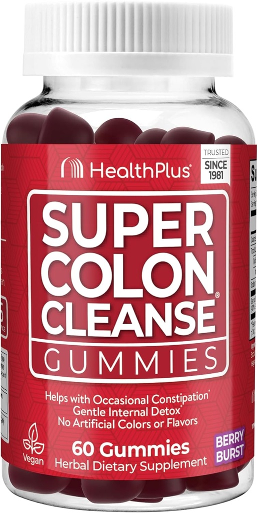 Salute Plus Super Colon Cleanse Gummies 15 giorni Fornitura di Rilievo di Pernottamento Gentle da costipazione occasionale, Estratto di foglie di senna naturale, Supplemento dietetico, Gummie di bacche miste, 60 conte