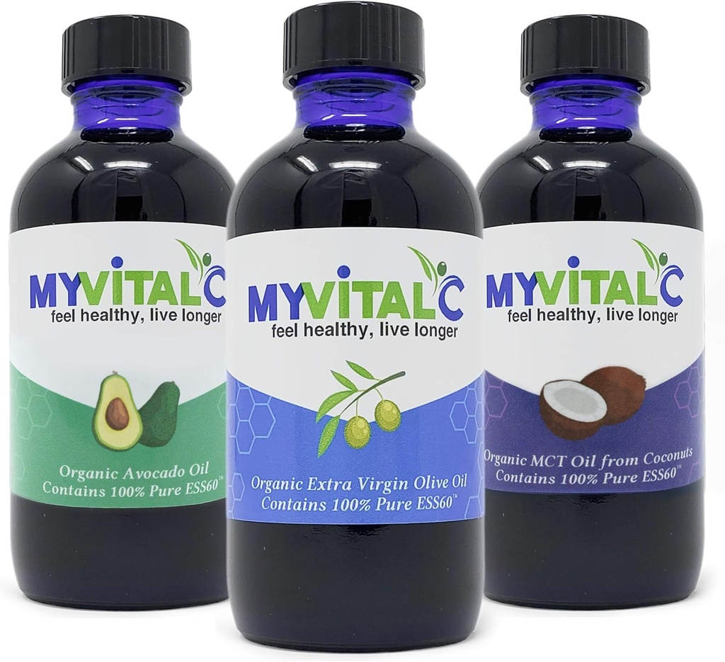 MyVitalC Combo di Olio Extra Vergine di Oliva Biologico, Olio MCT & Avocado - ESS60 Integratore Antiossidante - per Antiinvecchiamento, Longevità, Sonno, Energia - Confezione da 3