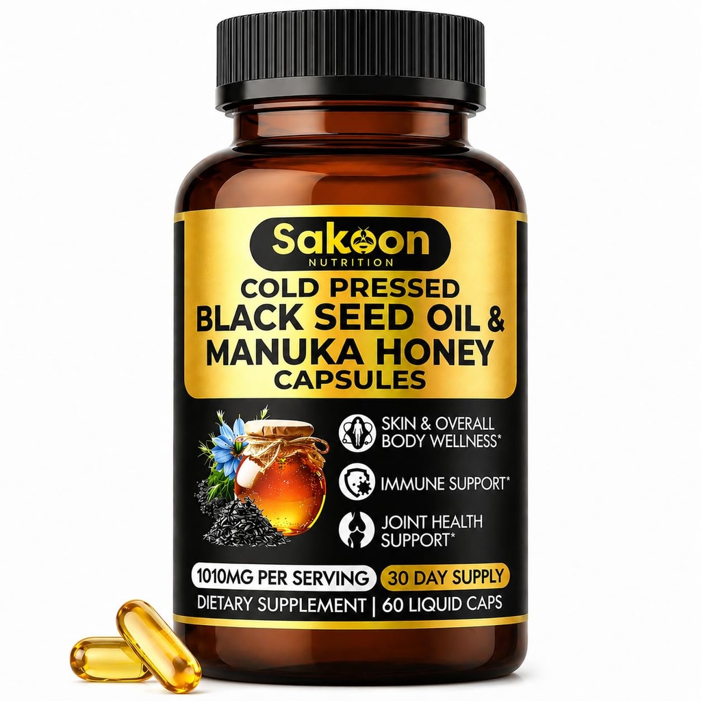 Capsule di olio di semi neri - Con il miele di Manuka neozelandese, Olio di Nigella Sativa, 2% Thymoquinone, Supporto immunitario e digestivo, Made in USA, 60 Count, 1010mg per porzione