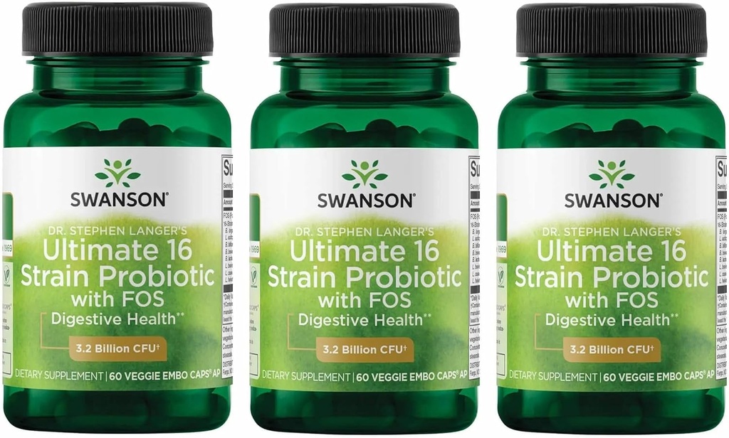 Swanson Dr. Stephen Langer's Formula - Probiotico naturale w/Prebiotic FOS - Integratore 16-Strain Promuovere il supporto digestivo w/ 3.2 miliardi di CFU per capsula - (60 capsule vegetali) 3 Pack