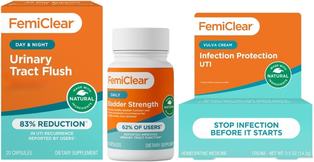 FemiClear - Supporto urinario di giorno e notte - Integratore di resistenza della vescica - Protezione delle infezioni Vulva Crema, Protezione contro le infezioni del tratto urinario- Prodotto negli Stati Uniti