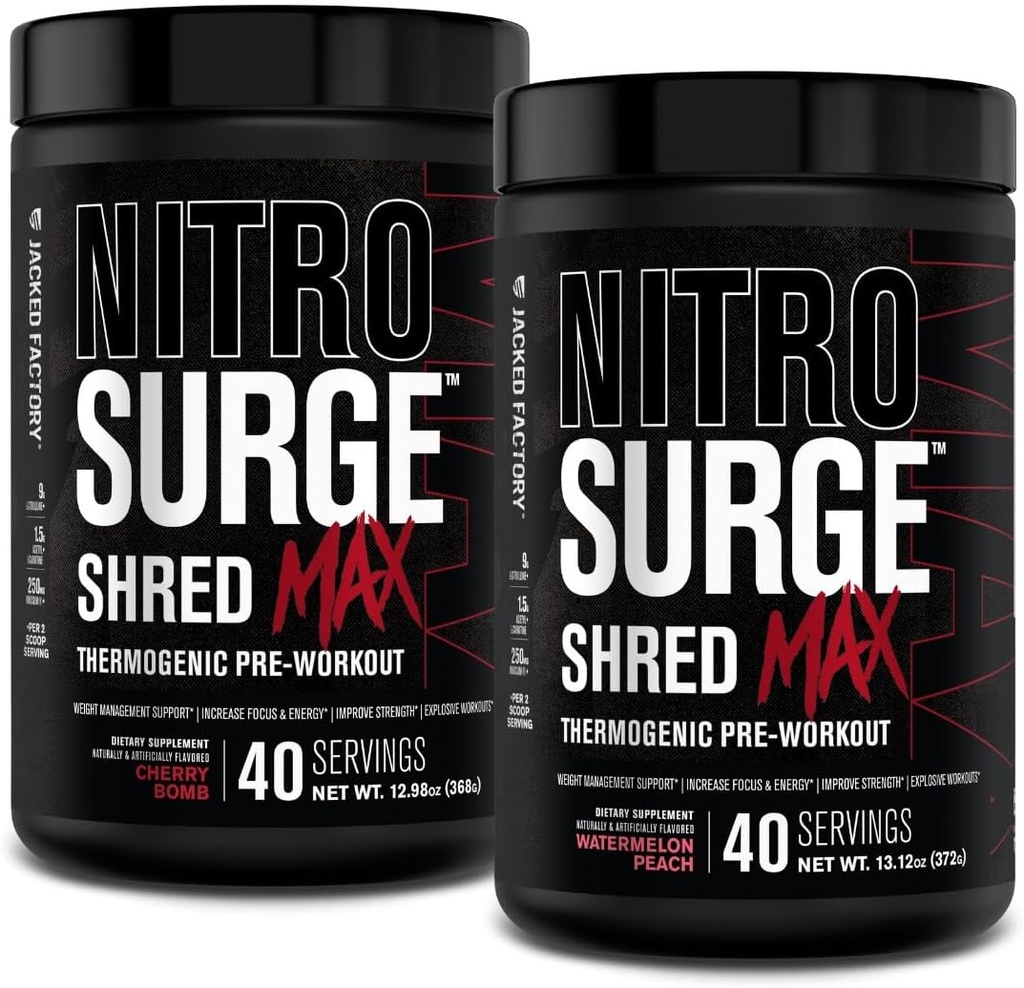 Jacked Factory Nitrosurge Shred Max Preworkout - Polvere pre allenamento termogenica ad alta efficienza con L Citrulline, Acetil L Carnitina, Caffeina organica - 80 Servings, Bomba di ciliegia & Peach di anguria