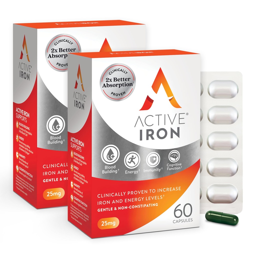 Supplemento di ferro attivo 25mg – clinicamente dimostrato di aumentare i livelli di ferro e di energia – Gentle, non-constipante, altamente assorbito – 120 capsule
