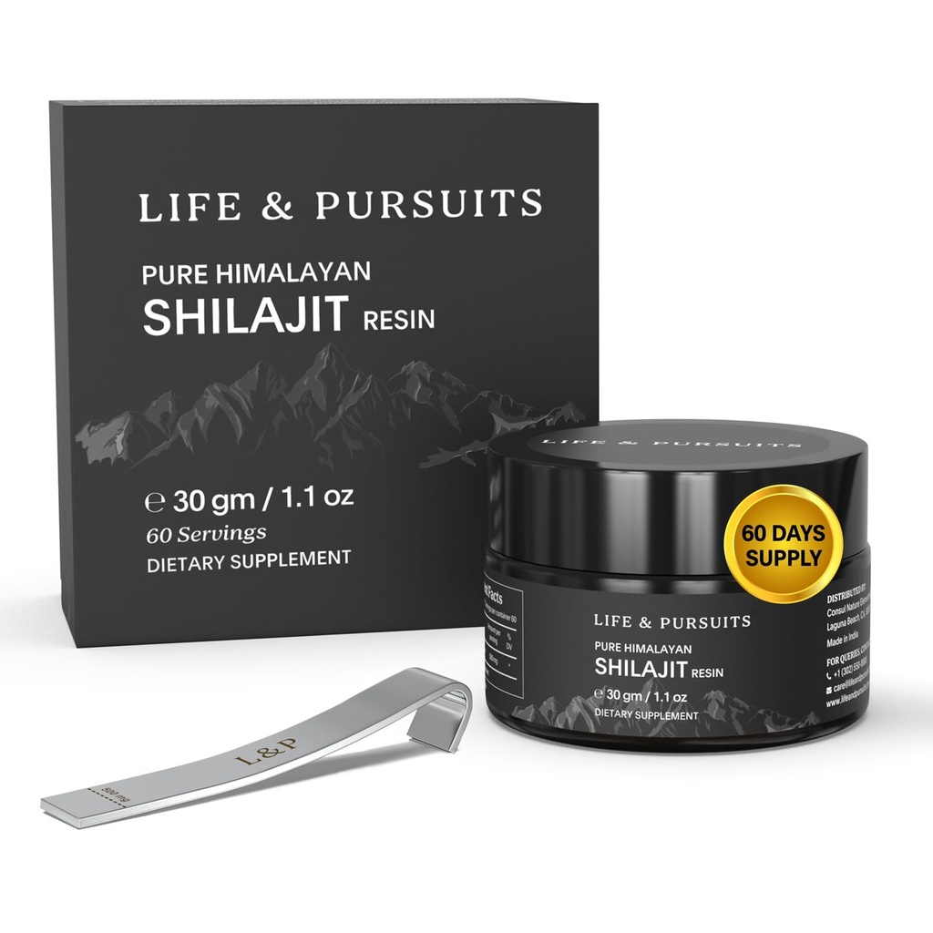 Vita & Pursuits 100% puro reale India Himalayan Shilajit Resina, 1,1 oz 500mg, Minimo 75% acido Fulvico, 85+ minerali Trace, Supplemento dietetico per Men 3rd Party Lab Test Report, 60 Serve (Pack of 1)