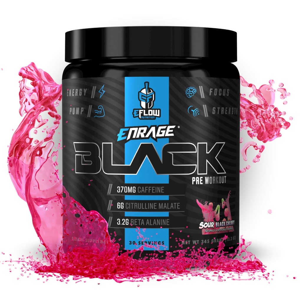 eFlow Nutrition Enrage Black High Stimulant Pre Workout Supplement - Preworkout Powder to Boost Energy, Pumps and Strength - 4 Sapori (30 Serve) (Sour Black Cherry)