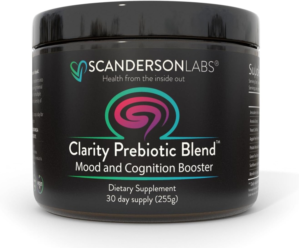 Clarity Prebiotic Blend – Optimize Gut e Mood tramite l'asse Gut-Brain – un mese di alimentazione – Facile da usare, uno Scoop si mescola con liquido o cibo – Vegan, Soy-Free, Gluten-Free, Non-OGM