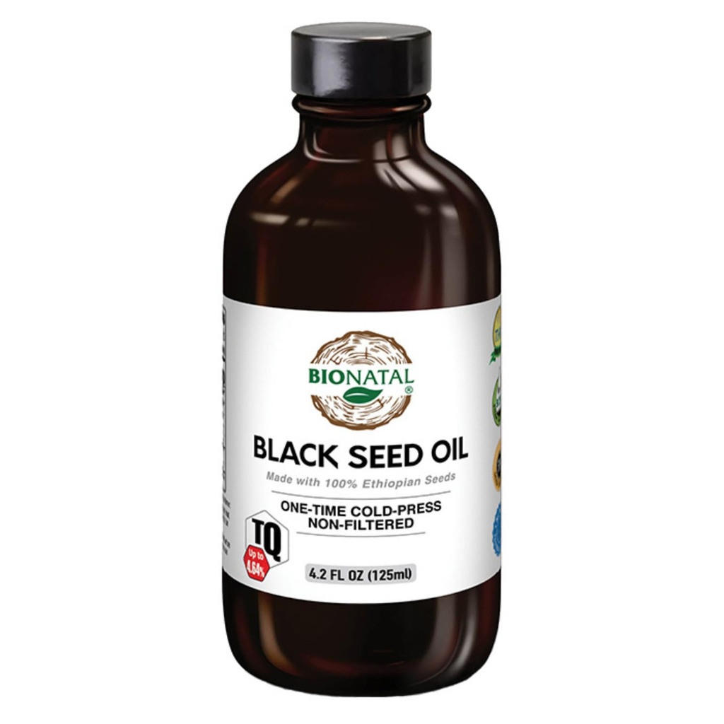 BioNatal Etiope Seed Oil 4.2oz Vetro – Pressato a freddo Nigella Sativa Produrre Olio di Semi di Cumino Nero, Non raffinato & Non Filtrato, Alto TQ Fino al 4.64% – Supporta Sistema immunitario, Digestione & Giunti