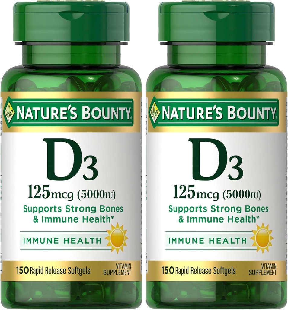 Vitamina D3, Supporto Immune e Bone della natura, 5000IU, Softgel a rilascio rapido, 150 Ct (Pacchetto di 2)