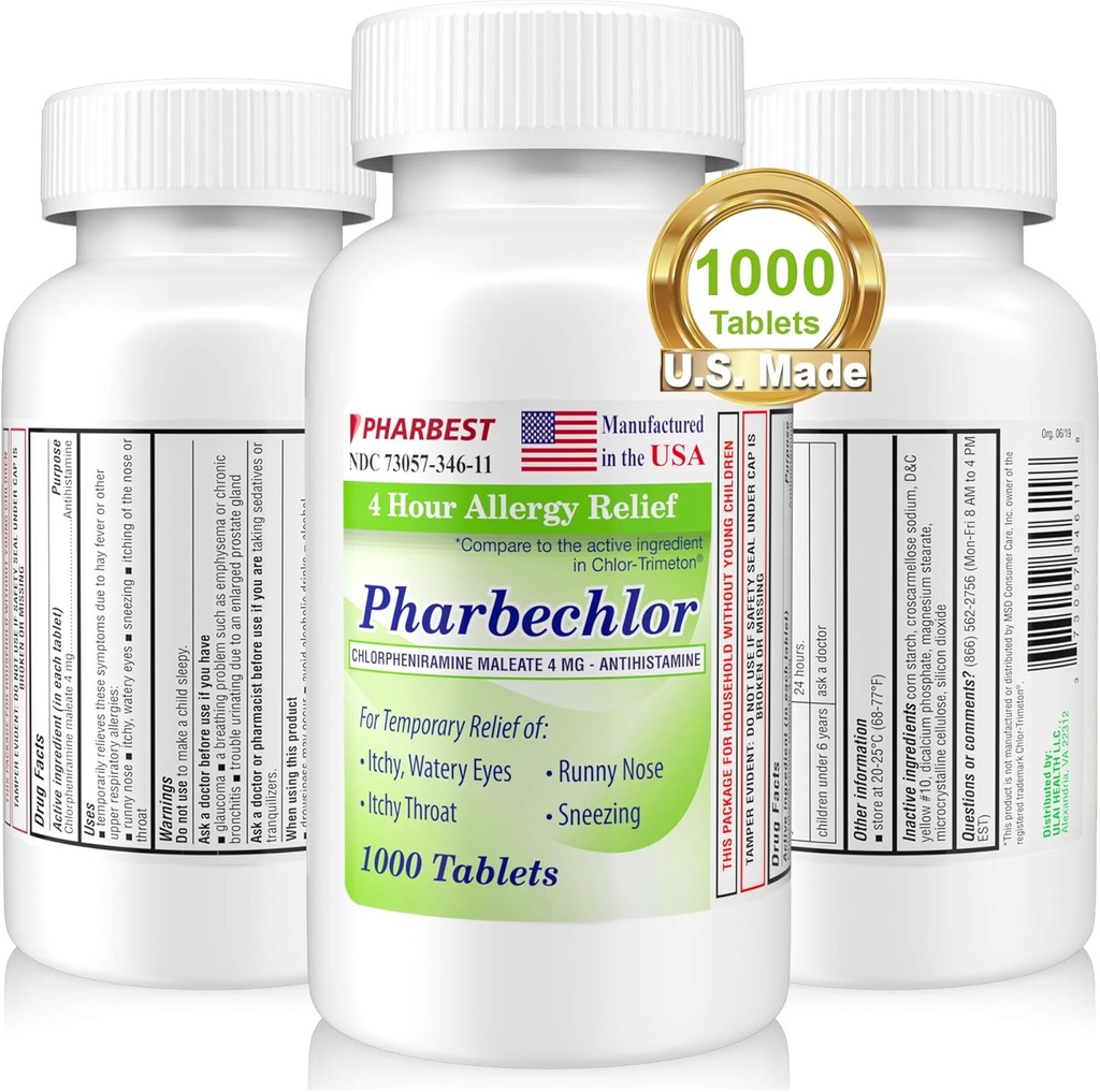 Ulai 4 Ore Allergy Relief 1000 Ct [Made in USA] | Itchy, Watery Eyes, Runny Nose, Sneezing, Sinus Relief | Chlorpheniramine Maleate 4 mg | Antihistamine Allergy Medicine Pharbechlor (1 Bottiglia)