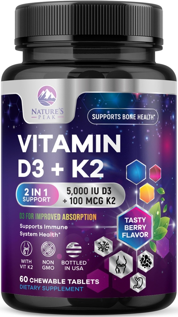 Vitamina D3 K2 - 5000 iu Vitamin D3 & 100 mcg Vitamina K2 (MK-7) Complesso per il supporto immunitario - Bone, denti e supporto per la salute del muscolo - Berry Chewable, Gluten Free, Non-OGM, Bottigliato negli Stati Uniti - 60 compresse