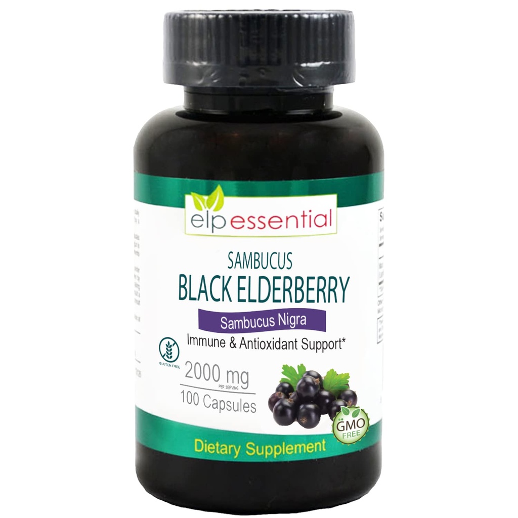 ELP ESSENTIAL Black Elderberry Capsule 2000mg | 100 Count | Super Concentrated Sambucus Extract,Antioxidant e Immune