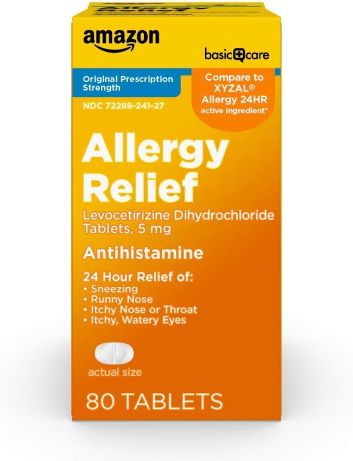 Cura di base 24 ore Allergy Relief, Levocetirizine Dihydrochloride Tablets, 5 mg Antistamina per Sneezing, Runny Nose, Itchy Nose o Throat e Itchy, Watery Eyes, 80 Count Pack