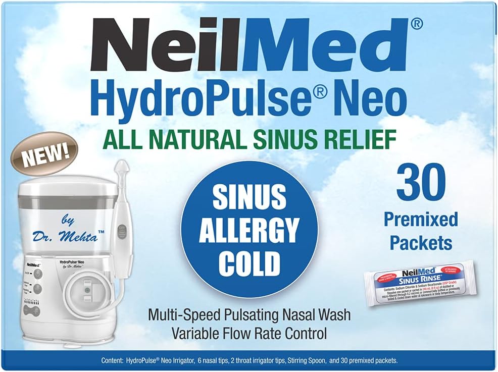NeilMed HydroPulse Neo. Sistema di Irrigazione Nasale Pulsante Elettrica Multi-Speed con 30 pacchetti Premixed Risciacquo Sinusale.
