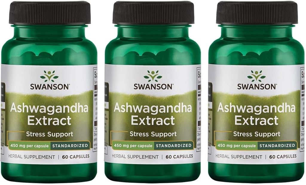 Swanson Ashwagandha Extract-Natural Supplemento Promuovere una risposta sana di stress, supporto energetico & Nervous System Health-Ayurvedic supplemento per il benessere naturale-(60 capsule, 450 mg ogni) (3 pacchetto)
