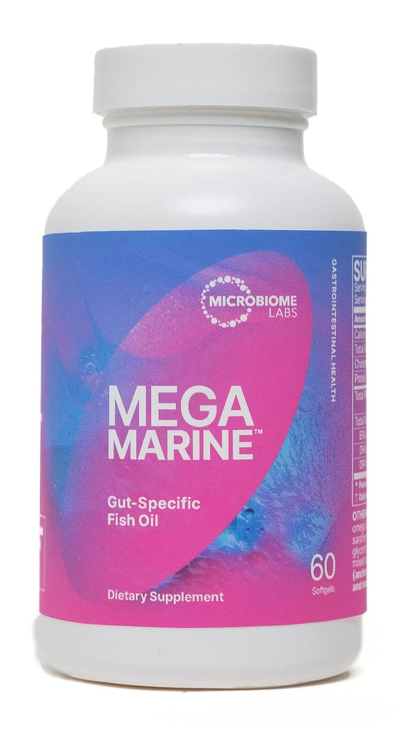 Microbiome Labs MegaMarine Omega 3 Fish Oil Supplements - Gut-Specific EPA DHA Omega 3 Supplemento con DPA per la salute del fegato - Support Immune & Gut Barrier Funzione (60 Softgels)