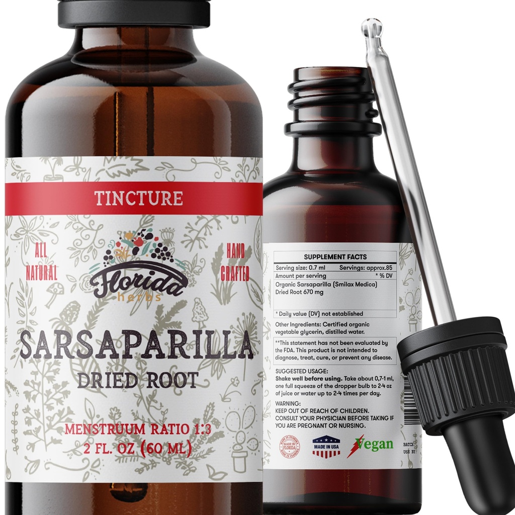 Sarsaparilla Tincture, Organic Sarsaparilla Extract (Smilax Medica) Dried Root, Non-OGM in Glicerina Organica Pressed a Freddo 2 oz, 670 mg