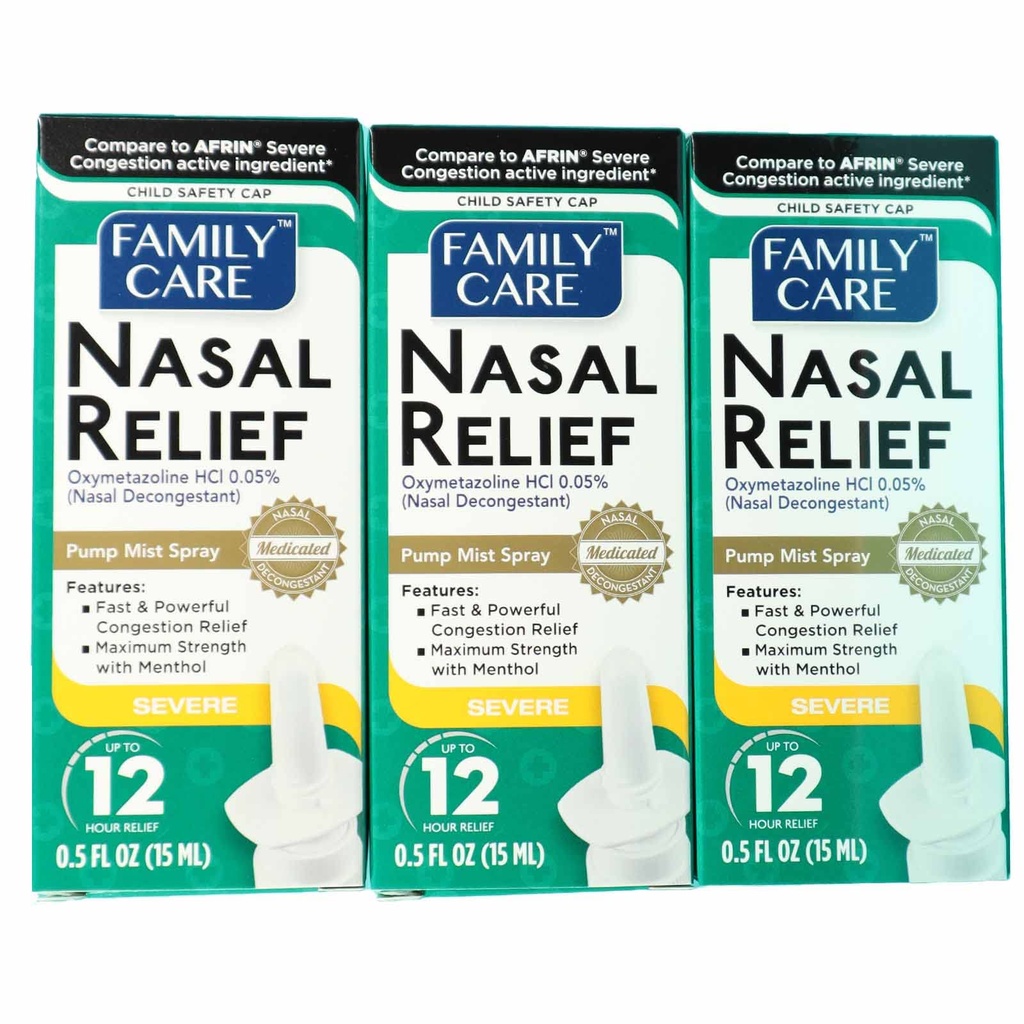 FamilyCare Nasal Relief Spray, Pompa Mist, Anti-drip, Severe Congestion, (Oxymetazoline HCI) 12 ore, 3 confezione