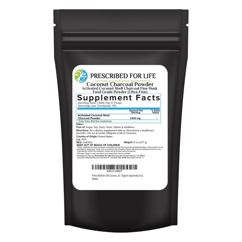 Prescritto per la vita attivata polvere di carbone, cocco Shell Charcoal Ultra Fine Husk Food Grade Powder (8 oz)