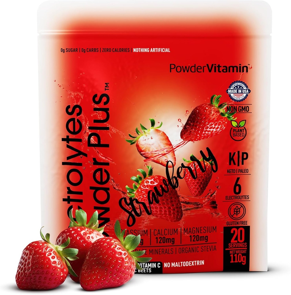 PolvereVitamin Electrolytes Powder Plus (20 Servings) Polvere di elettrolito di fragola, nessuna maltodestrina, Keto, senza zucchero, sale dell'Himalaya del PVC, potassio di 1000mg, calcio di 120mg, magnesio di 120mg, polvere di sidratazione