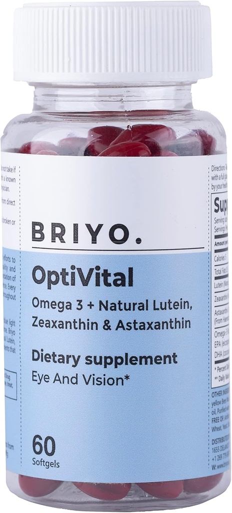Briyo Optivital Eye Health Supplement con Lutein, Zeaxanthin, Astaxanthin e Omega 3 – Supporta Clarity visiva, Screen Fatigue Relief e Long Term Retinal Health – Un al giorno, 60 Softgels