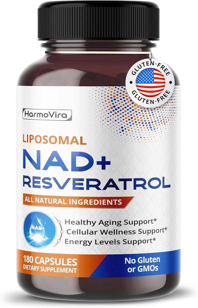 Liposomal NAD+ 600mg con Resveratrolo 200mg per l'energia cellulare e l'invecchiamento sano – 180 capsule – Vegan, Non OGM, USA Made