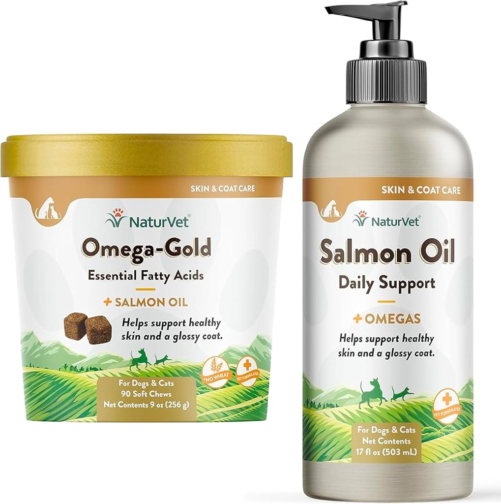 NaturVet – Olio di salmone della pelle & Coat Plus Omegas - Olio di 17 Oz - NaturVet – Olio di Salmone Omega-Gold Plus - 90 Chews Morbide