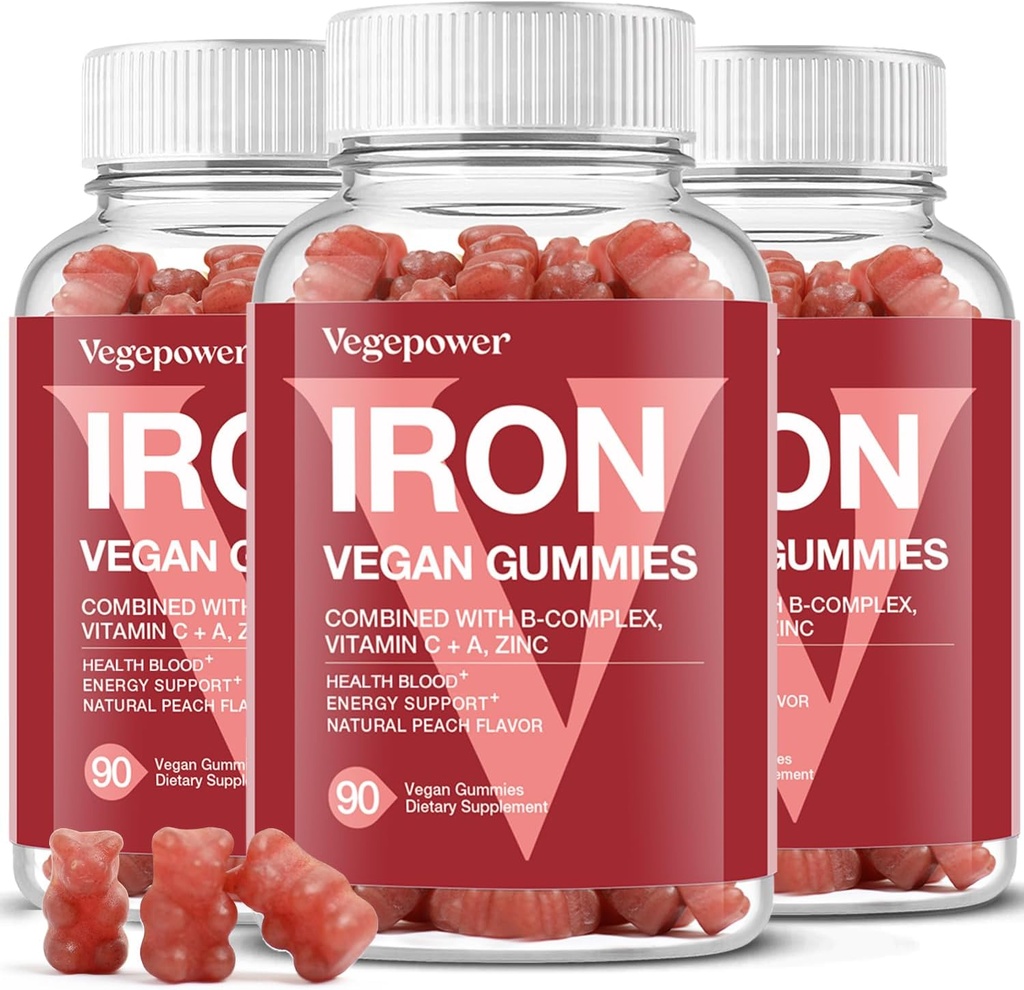 Iron Gummies Integratori per Donne e Bambini - Multivitaminico con Ferro per Ossigeno Sangue, Grandi Vitamine Gummie Degustative con Vitamina C per Assorbimento Max - Vegan Chewable, Peach Flavor(3 Pacchetti)