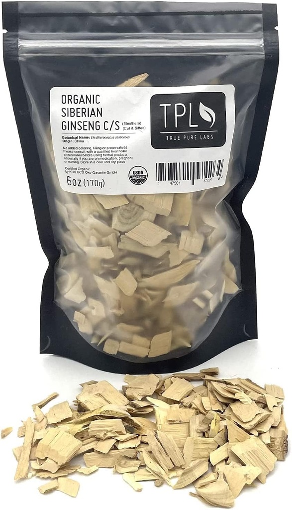 TPL Organic Siberian Ginseng Eleuthero Root Dried C/S 6Oz Premium Quality. Organico certificato. Senza glutine, Non OGM e Vegan