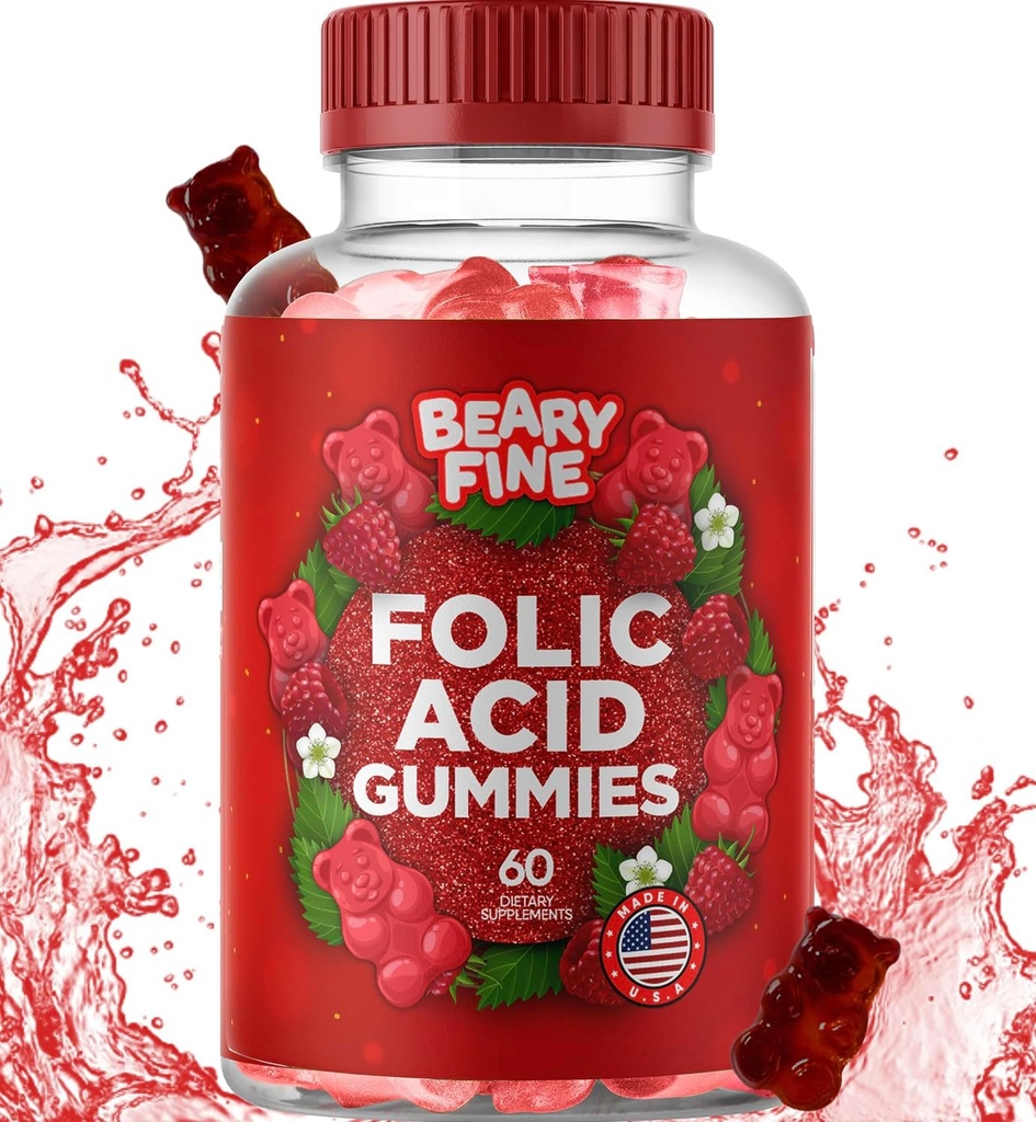 Gummies acido folico 400mcg - Prenatale essenziale e pancia di gravidanza per le donne, mamme e bambino a essere - 60 lampone aromatizzato Folate Gummy Vitamine - Made in the USA