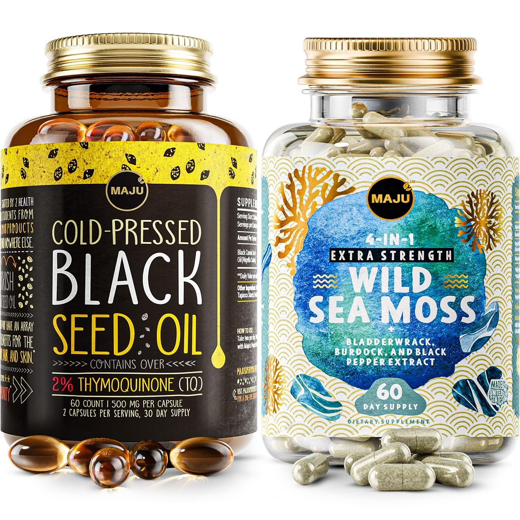 Maju Superfoods 4-in-1 Sea Moss Capsule e Black Seed Oil Capsule Bundle