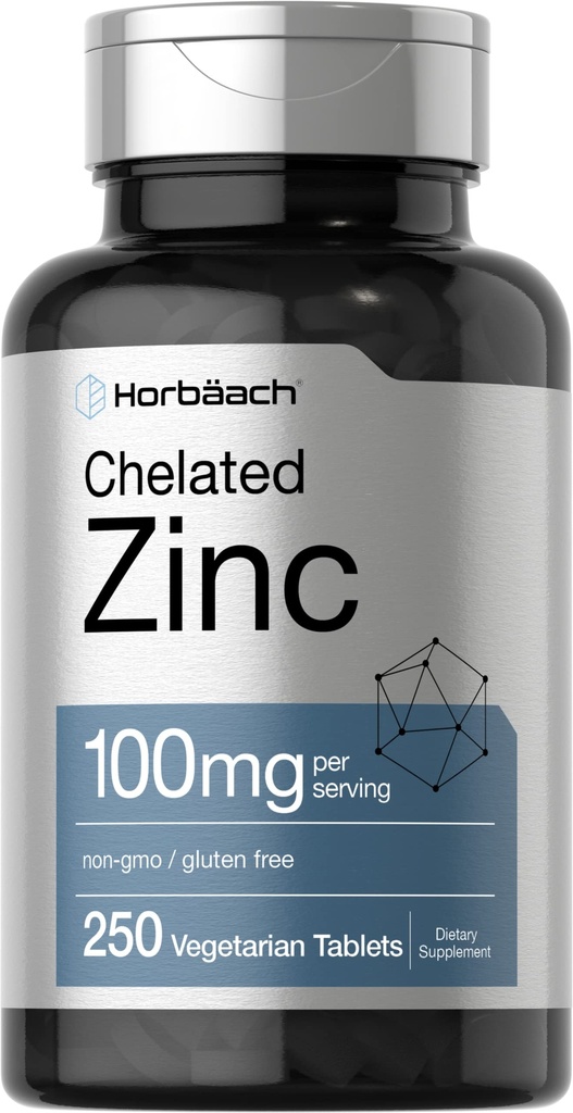 Horbäach Chelated Zinc Supplement 100mg | 250 compresse | Alta potenza e assorbimento superiore | Vegetariano, Non OGM, Gluten Free