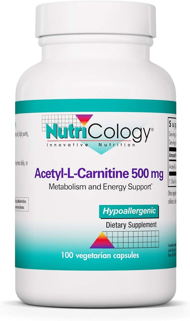 Nutrizione Acetil-L-Carnitina 500mg Supplemento - Metabolismo e supporto energetico, ALC, Aminoacido Free Form, Capsule Vegetariani - 100 Conte