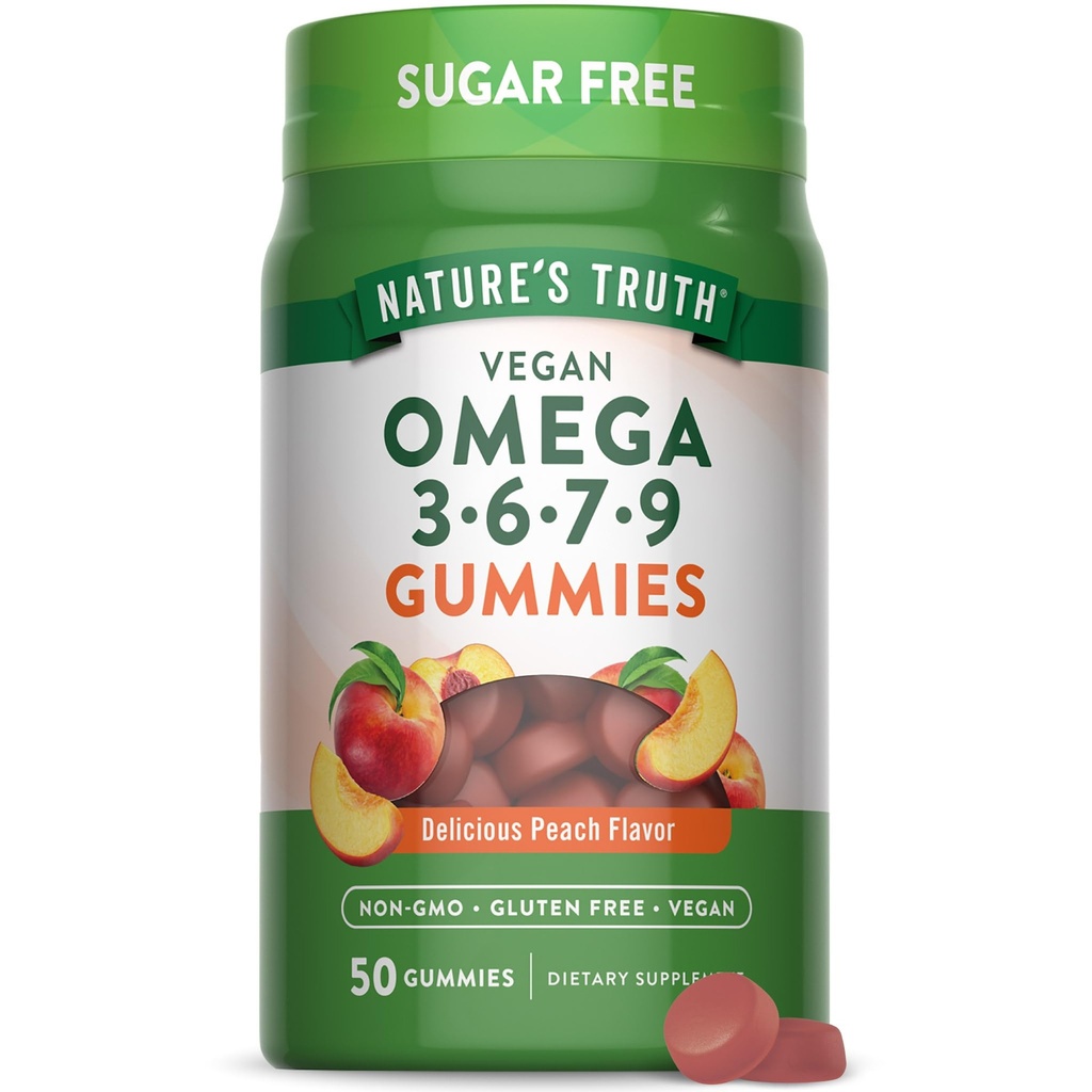 Verità della natura Vegan Omega 3679 Gummies | 50 Count | Peach Flavor | Non-GMO & Gluten Supplemento gratuito