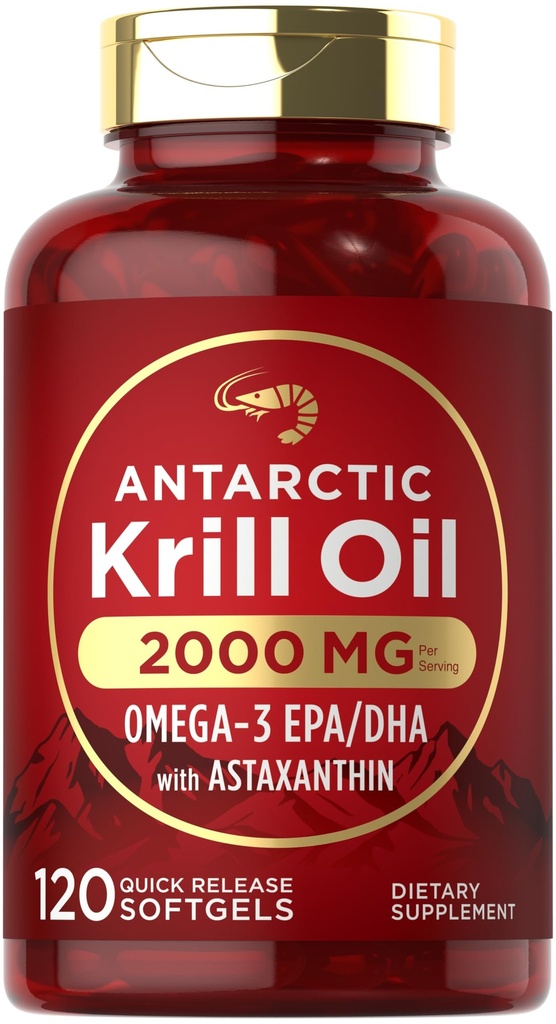 Carlyle Antarctic Krill Oil 2000mg | 120 Softgels | Omega-3 EPA, DHA, con supplemento di Astaxanthin Fonte da Red Krill | Forza massima | Laboratorio testato