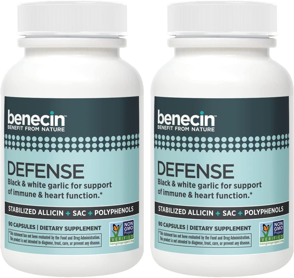 Benecin Defense 1500 mcg Allicin stabilizzato per capsula | Plus alti importi di SAC & Polyphenols da aglio nero | Potente supporto di Immune & Heart Function Caps vegetariani (1 Conte (Pack of 180))