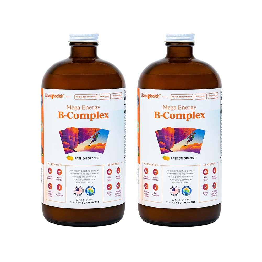 LIQUIDHEALTH Mega Energy Methylated B-Complex, Adult Liquid Vitamin Supplement - Aumenta l'energia, Allevia lo stress e la fatica, Supporto immunitario, Cuore e salute del fegato - Made in USA, Vegan, Sugar-Free (2 Pack)